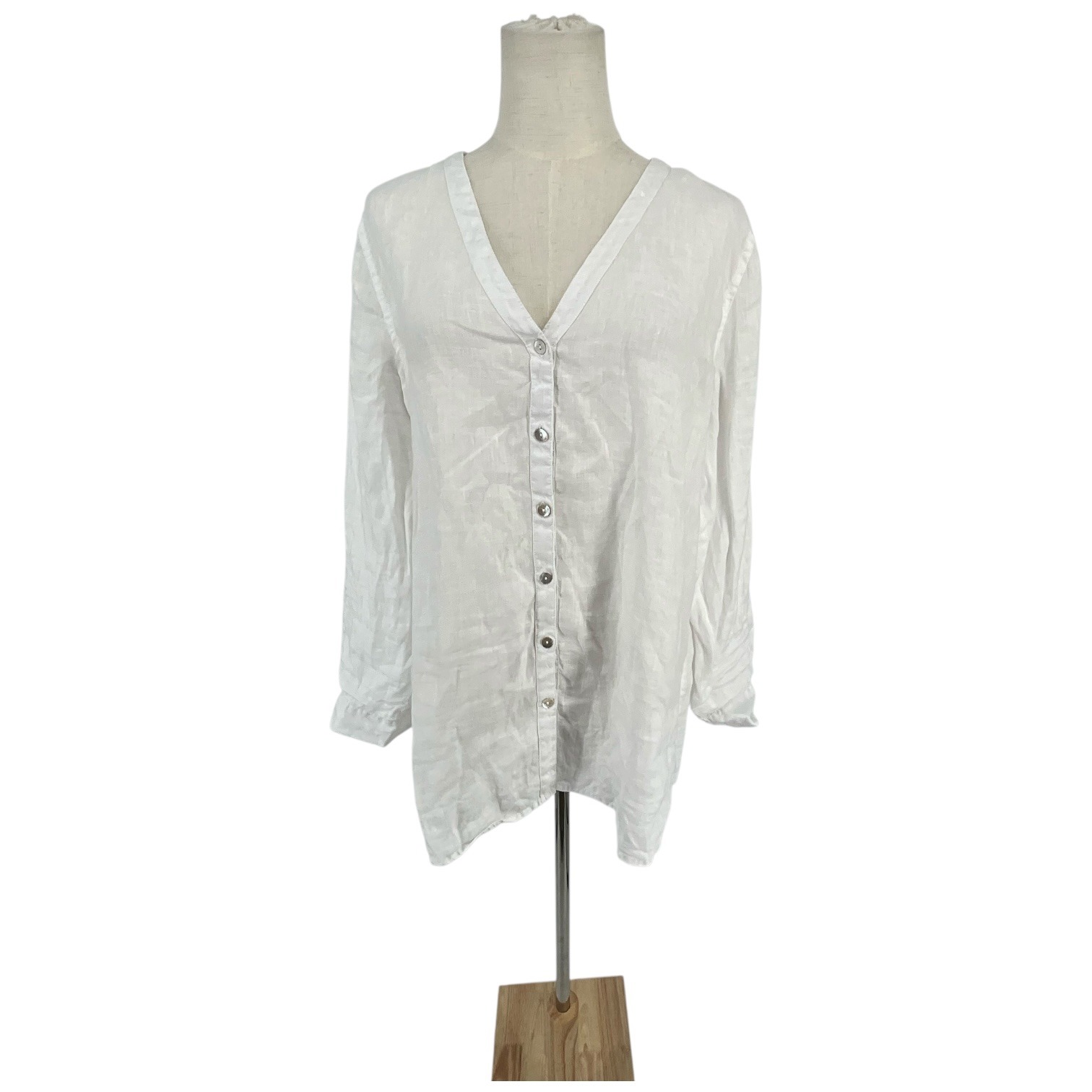 Rachel Roy White Linen Button Front V Neck Long Sleeve Tunic Top Luxury L Casual